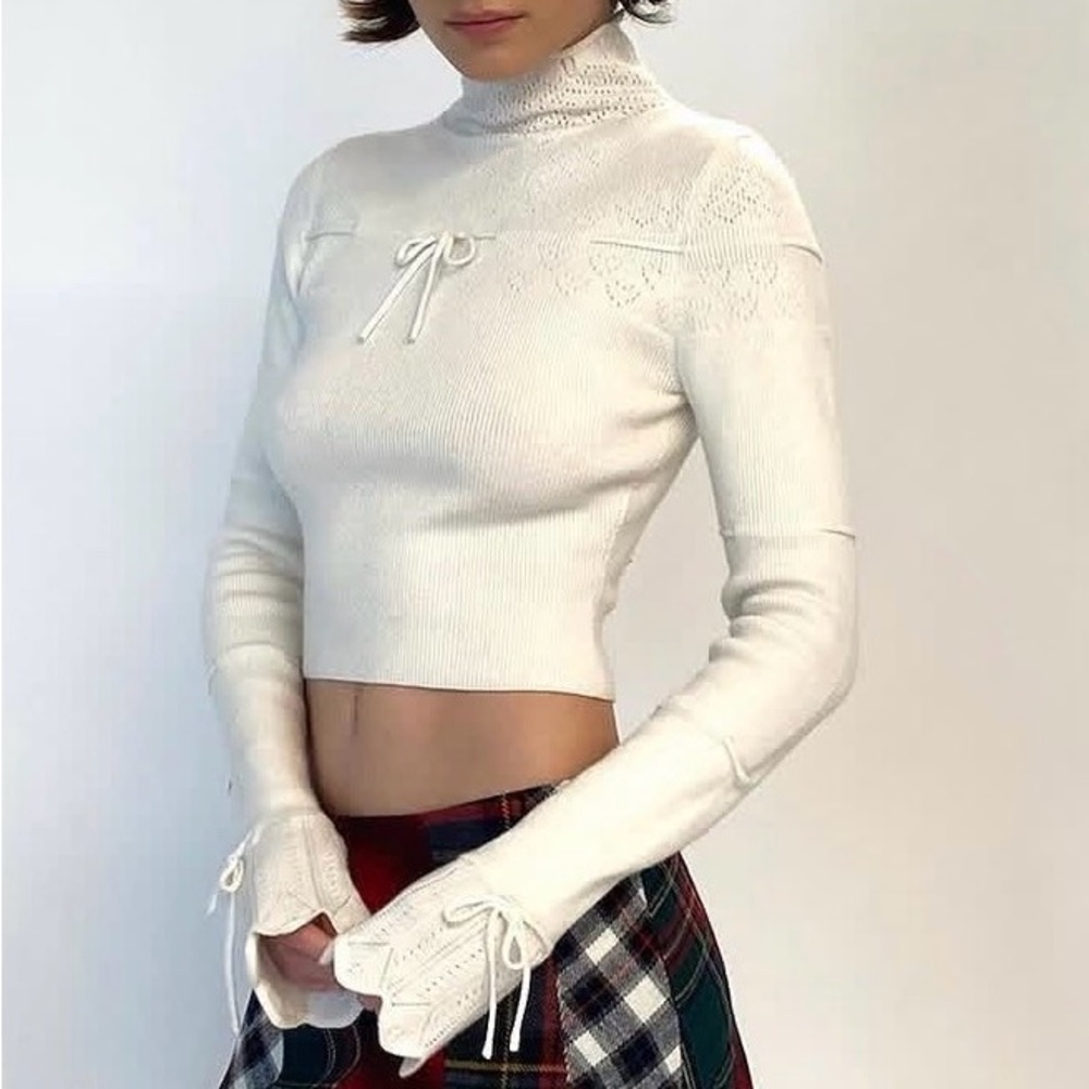 Danielle Guizio White Cropped Turtleneck Sweater with Bow Details